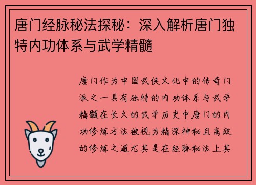 唐门经脉秘法探秘：深入解析唐门独特内功体系与武学精髓