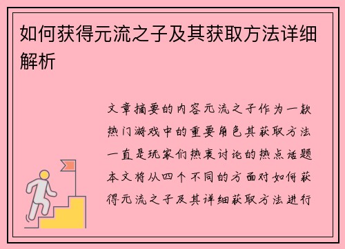 如何获得元流之子及其获取方法详细解析